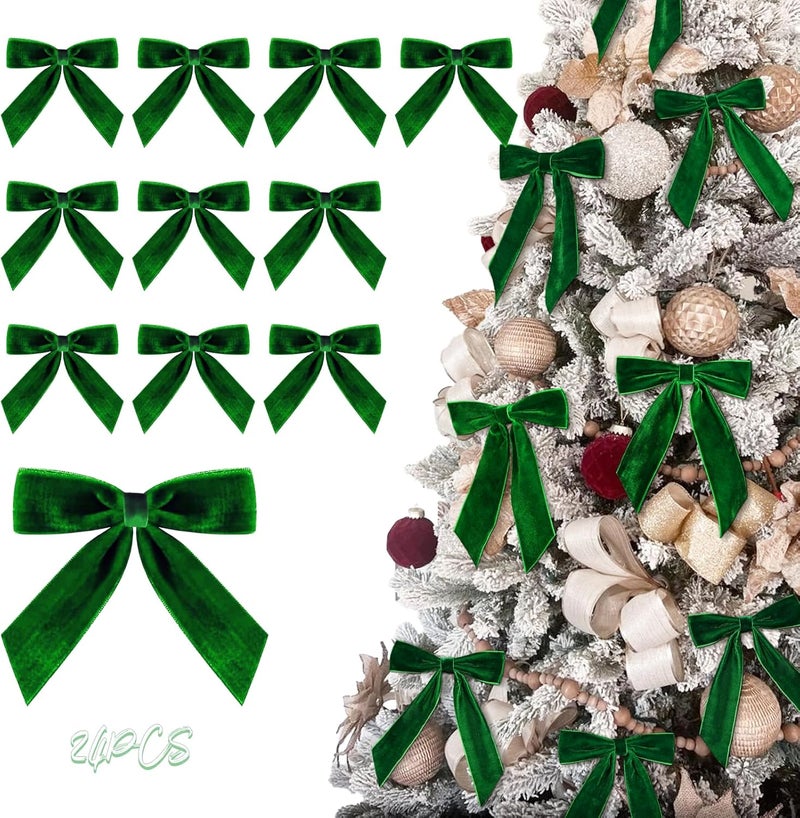 Zesua Christmas Decorations - Christmas Bows - 24 Pcs 7 x 6 inch Medium Green Velvet Bows for Christmas Tree - Xmas Ribbon Ornaments - Home Decor for Wreath Garland Gift Wrapping Crafts Wedding Party - Image 1